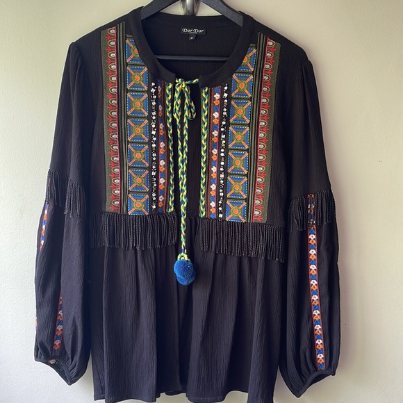 Anthropologie Dor Dor Couture Embroidered Beaded Rhinestone Fringe Shacket Top - Picture 16 of 16